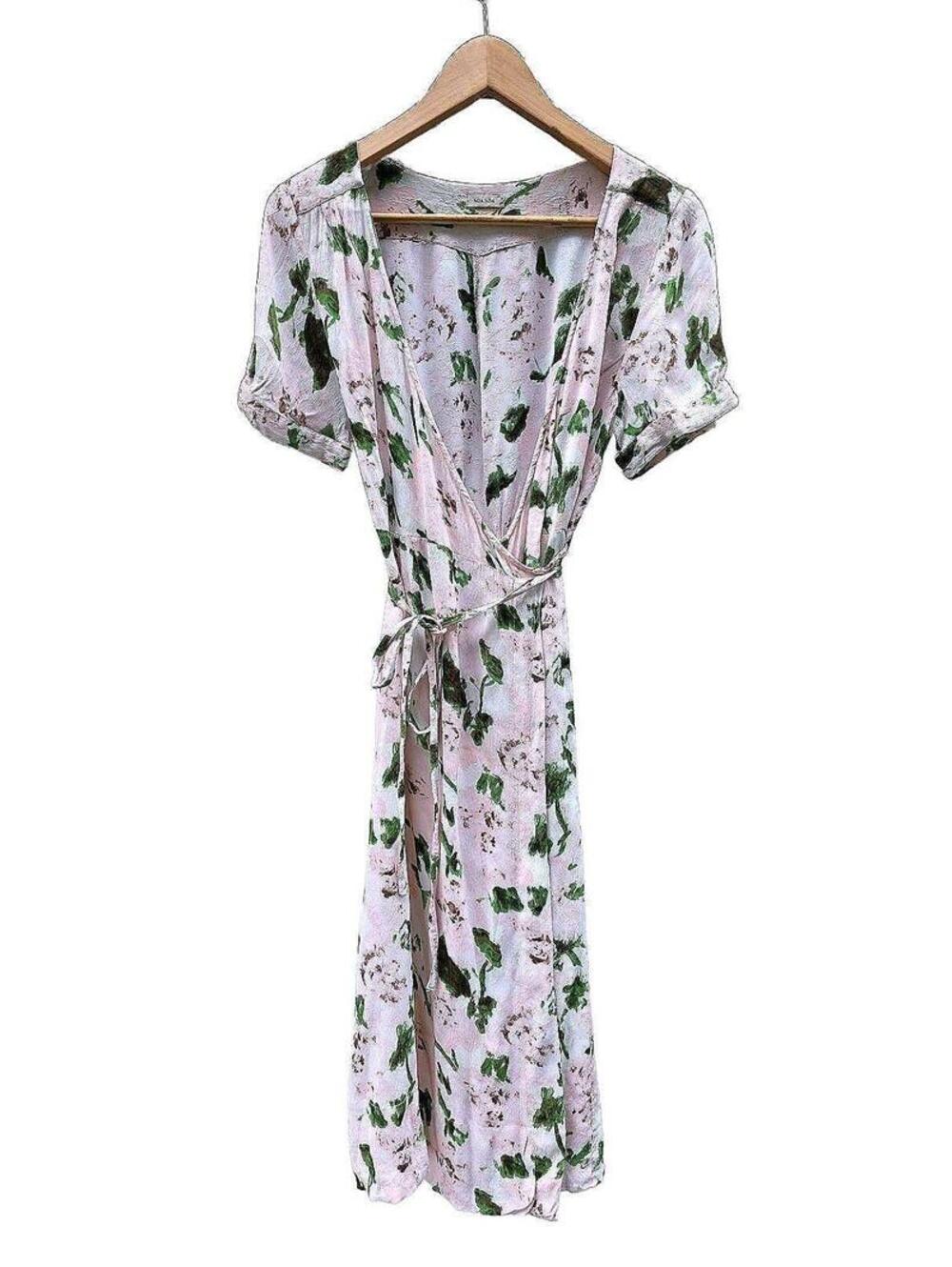 Noa Noa Floral V-Neck Midi Wrap Dress-Short Sleeve= Small  Cream, Rose, Fern